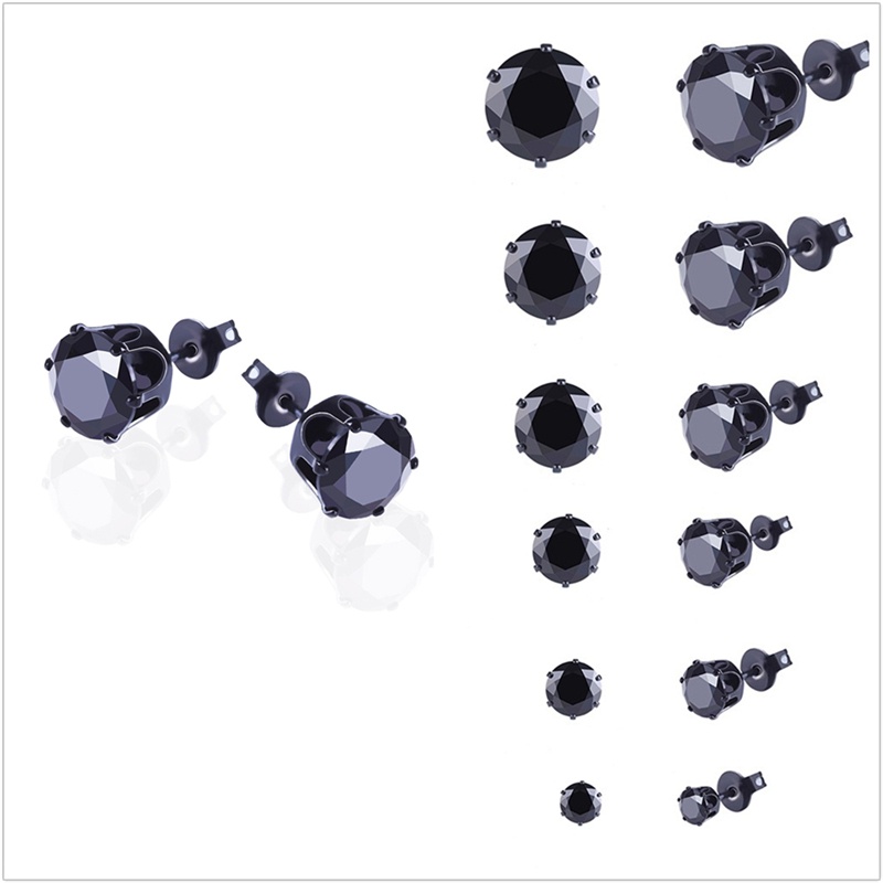 6 Pasang Anting Tusuk Bentuk Bulat Bahan Stainless Steel Warna Hitam Ukuran 3mm - 8mm Untuk Pria