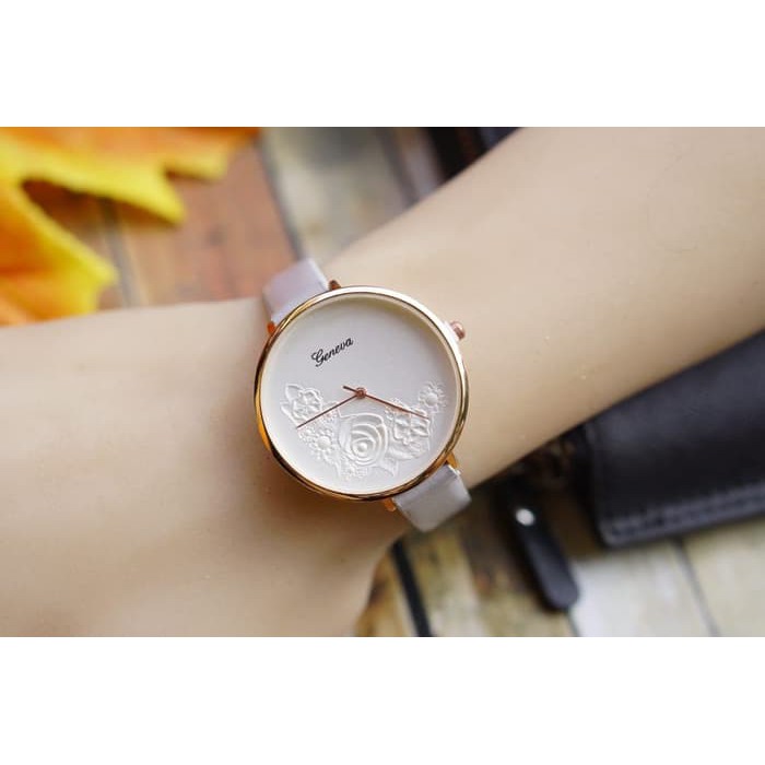  Diskon  Jam  Tangan  Wanita  Cewek Geneva Flower Leather Grey 