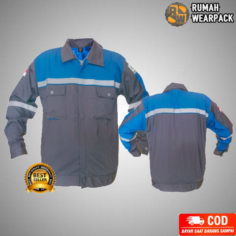 Baju Kerja/ Wearpack Proyek/ Seragam Kerja Atasan Warna Abu Tua Kombinasi Biru BCA