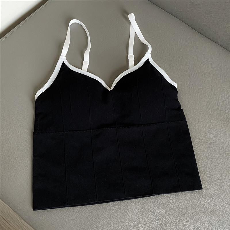 Blackpink Tank Top Crop Top  Sport Tali elastis Gaya Retro Leher V Pakain Dalam Wanita 1133-BLACK WHITE