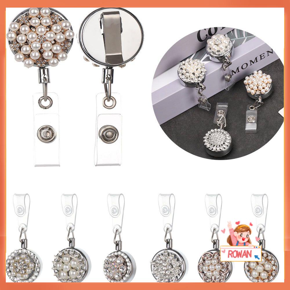 R-flower 1pc Klip Holder Kartu Nama / ID Motif Bunga Aksen Mutiara + Tali Lanyard Retractable Untuk Kantor