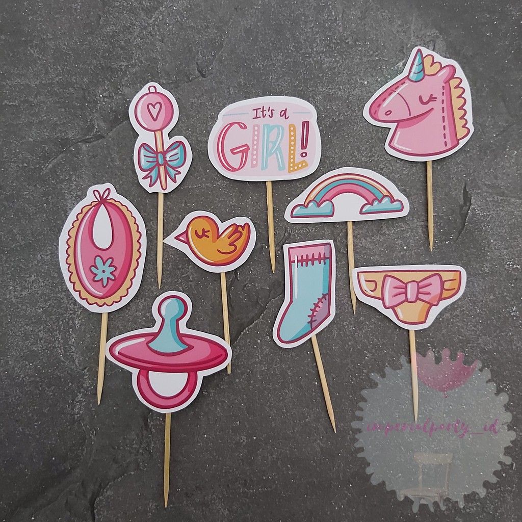 Cake Cupcake Topper Tusukan Kue Baby Shower Girl Unicorn Rainbow