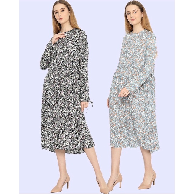 lovemecorner ORIGINAL FULL LABEL MONKI** SMOCKED DRESS MIDI PATTERN DRESS WANIRA MIDI LENGAN PANJANG