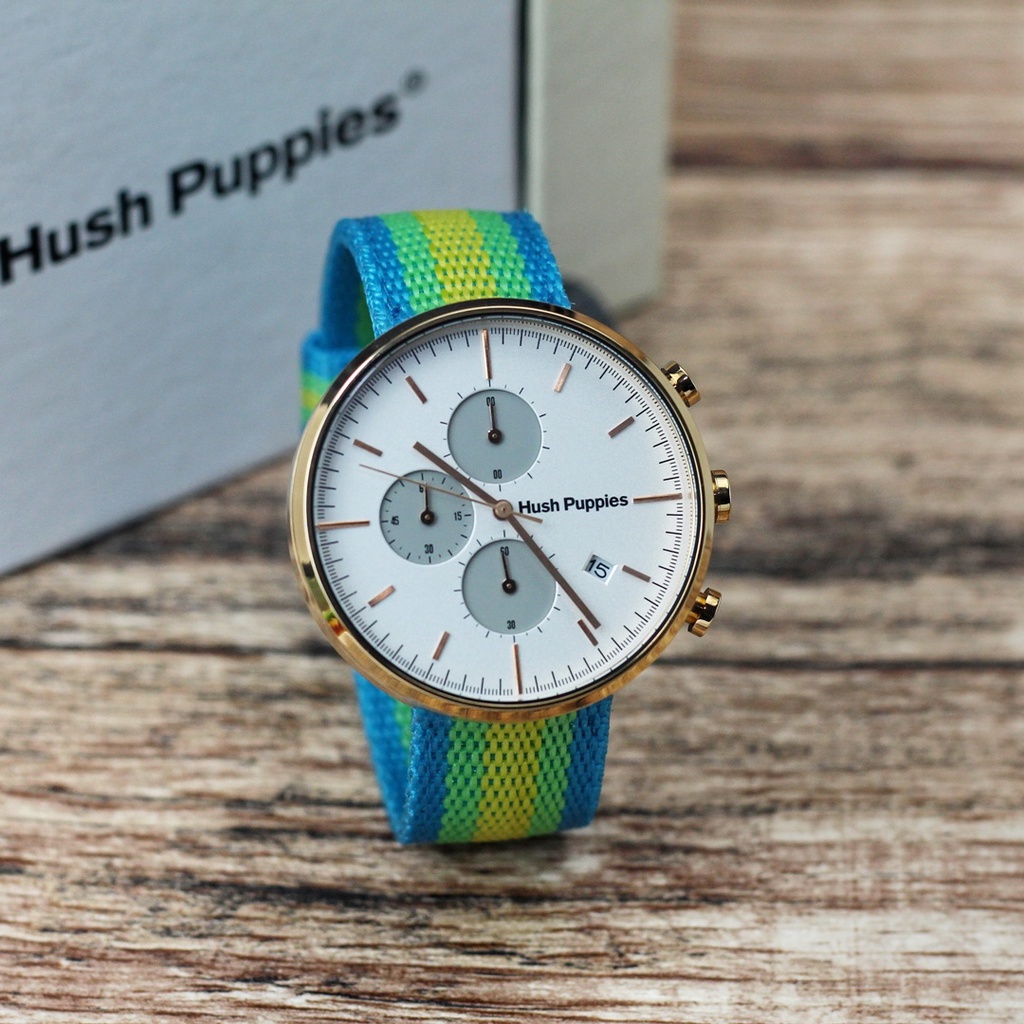 JAM TANGAN WANITA HUSH PUPPIES X210 TALI KANVAS CHRONOGRAPH TANGGAL AKTIF DM 4.2CM FREE BOX  || JAM TANGAN FASHION WANITA HUSH PUPPIES HP KANVAS