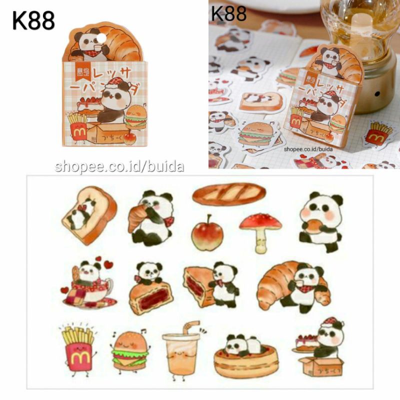 

Stiker sticker aesthetic label gambar panda makan burger kentang goreng french fries roti food beverage bread cake tart pancake dekorasi buku jurnal hiasan planner hangtag hampers gift surat mail diary