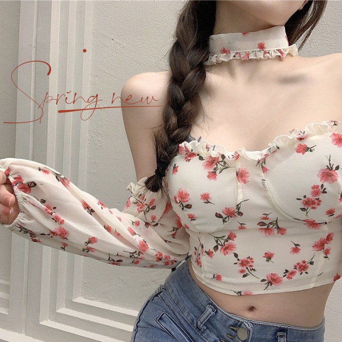 Wanita Tipis Floral Chiffon Kemeja Gaya Baru Halter Puff Sleeve Off-Shoulder Slim-Fit Gambar Menyanj