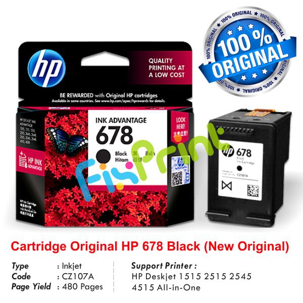 Cartridge Original HP 678 Black CZ107AA, Tinta Printer HP Deskjet 1515 2515 2545 4515 All-in-One