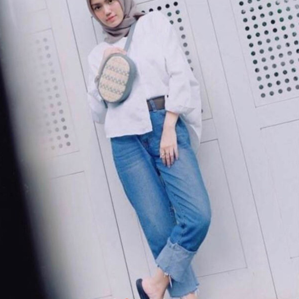 HOPYLOVY Celana Jeans Wanita Boyfriend Havana Model Lipat Bawah