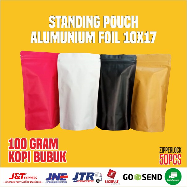 standing pouch alumunium foil doff matte 10x17 10 x 17 100gram kopi bubuk [50pcs]