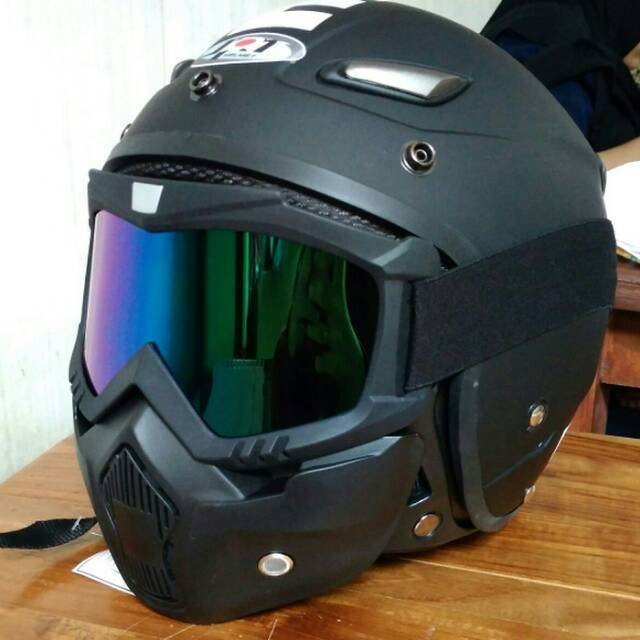 Helm Retro  JPN Momo Hitam Google Goggle Masker Kacamata Pilot cakil shark