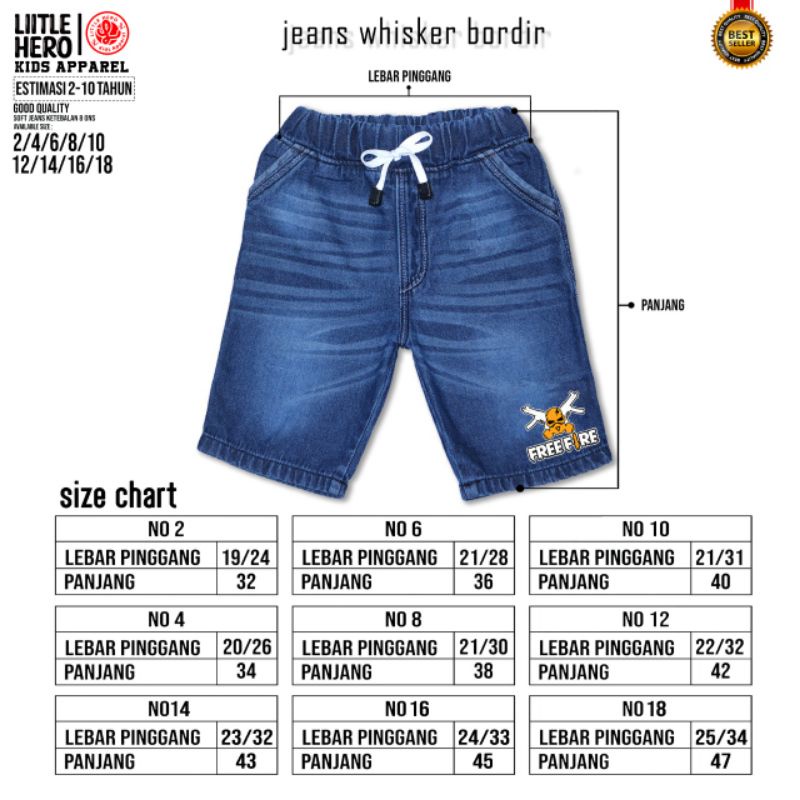 Celana Jeans Anak Whisker Bordir FF Bordir 2-7 Tahun Celana Jeans Pendek Bordir FreeFire by Little Hero