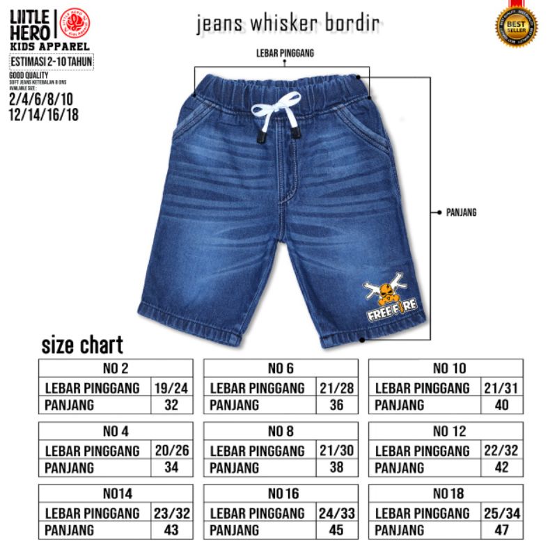 (1-10 Tahun) Celana Jeans Whisker Bordir Pendek Anak Laki Laki Cowok Freefire Little Hero 1 2 3 4 5 6 7 8 9 10 Tahun