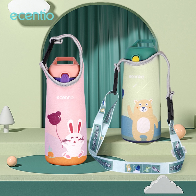 ecentio minum botol sedotan anak 304 cangkir termos Kartun stainless steel 400ml straw sippy cup bubuk silika Merah Muda/Hijau