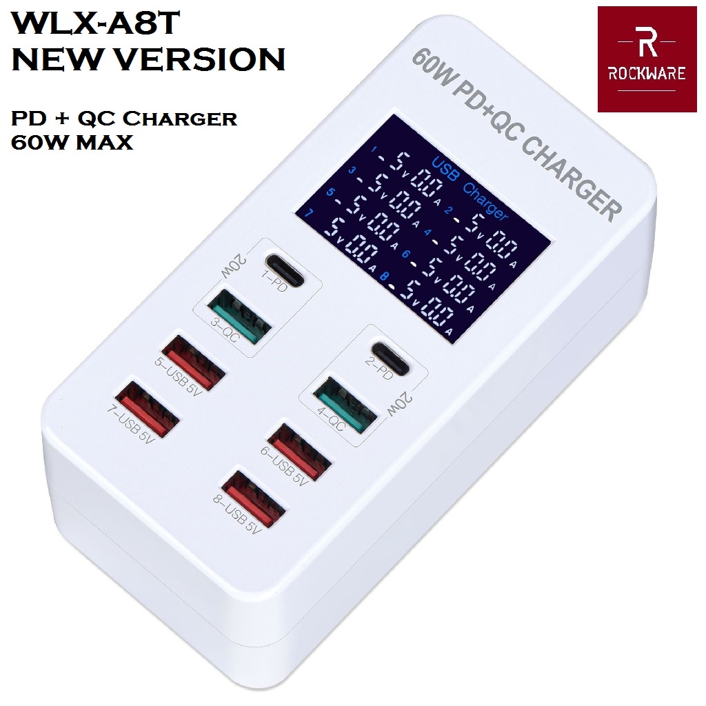 ROCKWARE WLX-A8T 60W TOTAL - Smart Charging Station 8-Port - PD QC3.0