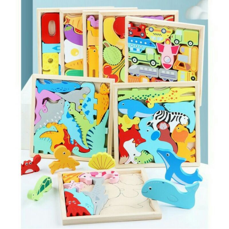 puzzle 3d kayu, puzzle kayu animal, puzzle dino, mainan edukasi anak