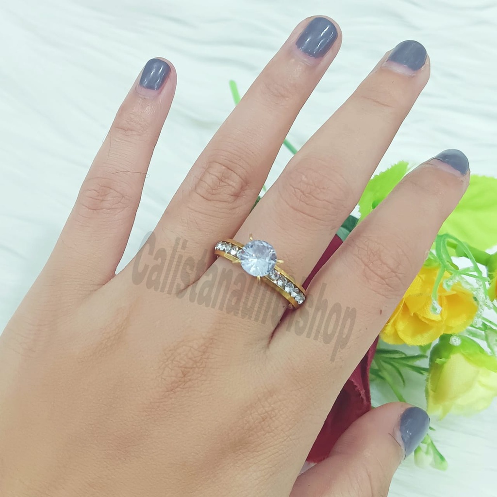 TITANIUM CINCIN DESAIN PERMATA 1 ZIRCON SINGLE ELEGAN PERHIASAN EMAS KOREA ANTI KARAT DAN ANTI LUNTUR