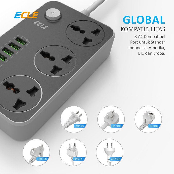 ECLE Power Strip Portable Stop Kontak 3 Power Socket 6 Smart USB Port