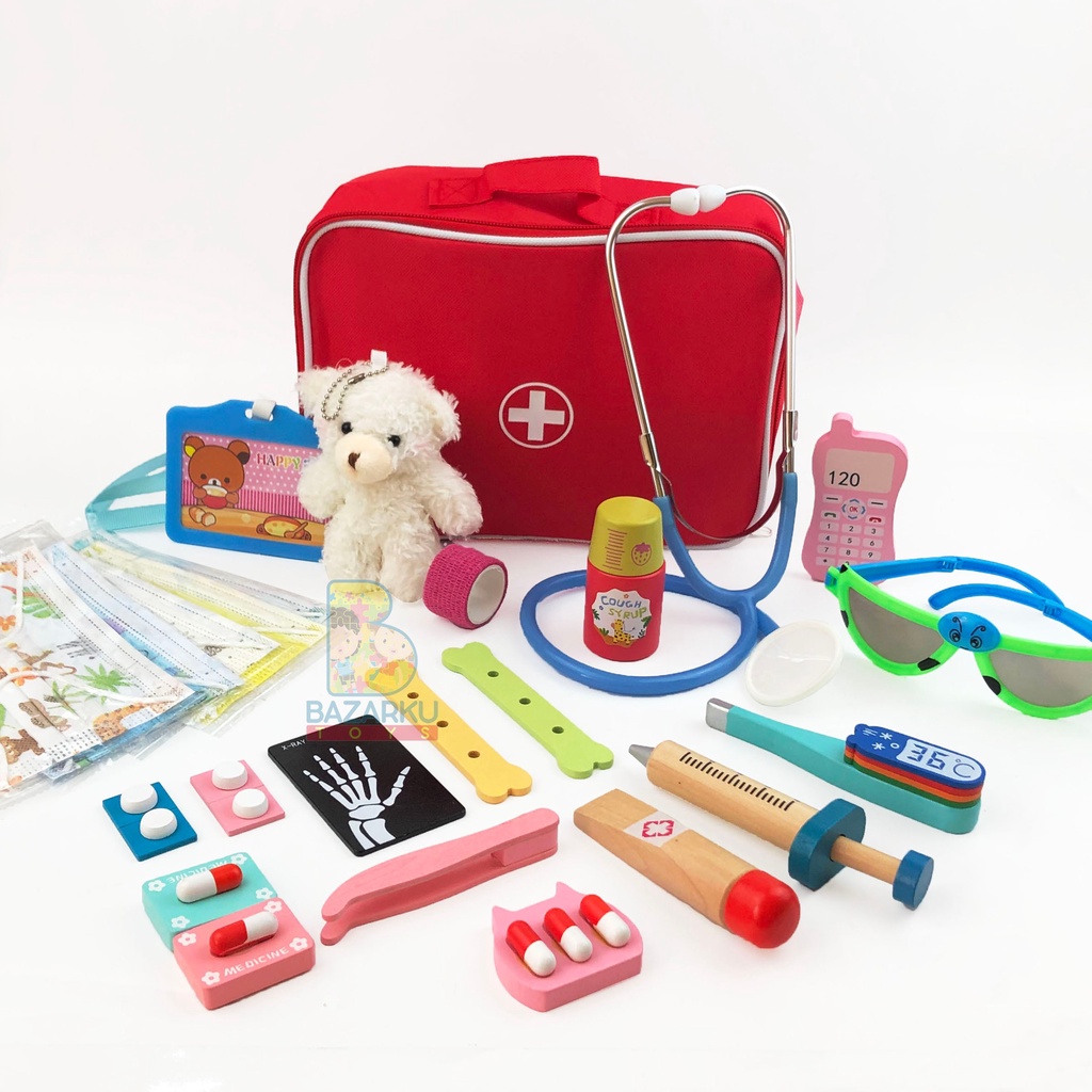 Wodden Doctor Bag Set Dokter Dokteran Mainan Anak Lengkap Mainan Dokter Set Wooden Toys Mainan Kayu Mainan Dokter Gigi Mainan Dokter Gigi Anak