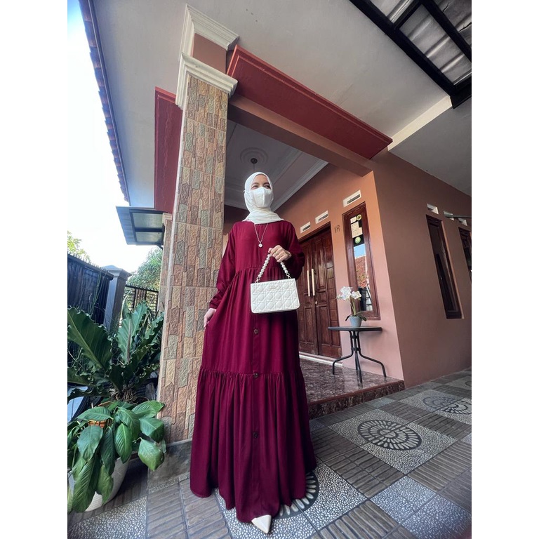 Gamis Rayon Twill Babydoll Polos Kancing/Kerah Renda