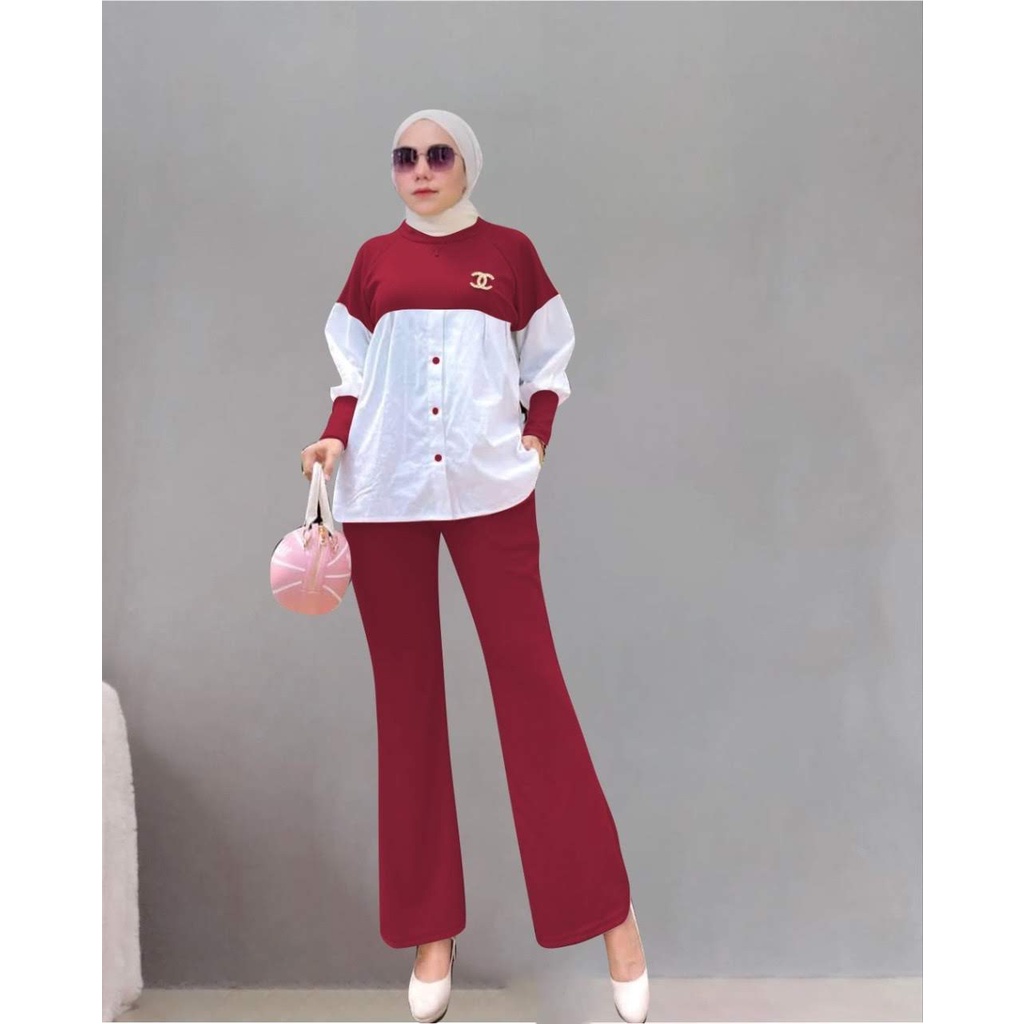 ELDE 12 - SET KNIT ISYANA ( L - XL - XXL ) BAHAN KNIT MANGO IMPORT KOMBI CREPE LD 104CM PJG 66CM BAWAH ADA KANCING VARIASI + CELANA PINGGANG KARET LP MAX 98CM PJG 87CM ADA SAKU KANAN DAN KIRI