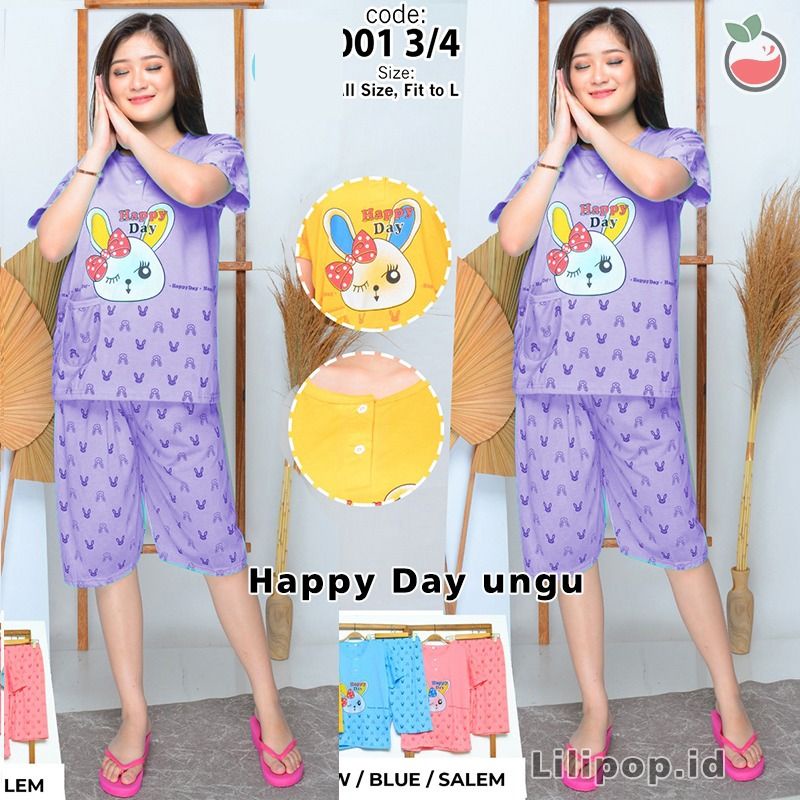 SUNCHERY COD BAJU TIDUR 3/4 ALL SIZE/BABYDOLL KEKINIAN MURAH/SLEEPWEAR WANITA-HAPPY DAY UNGU