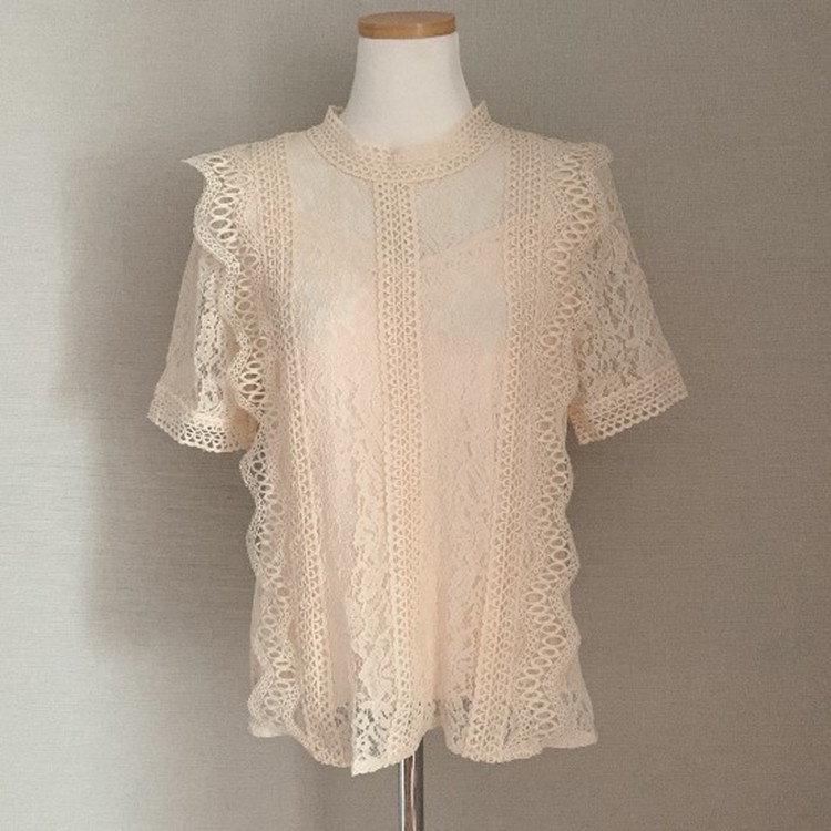 #Sisjuly# Wanita Kemeja Renda Musim Panas Baru Warna Solid Leher Bulat Lengan Pendek Crochet Hollow