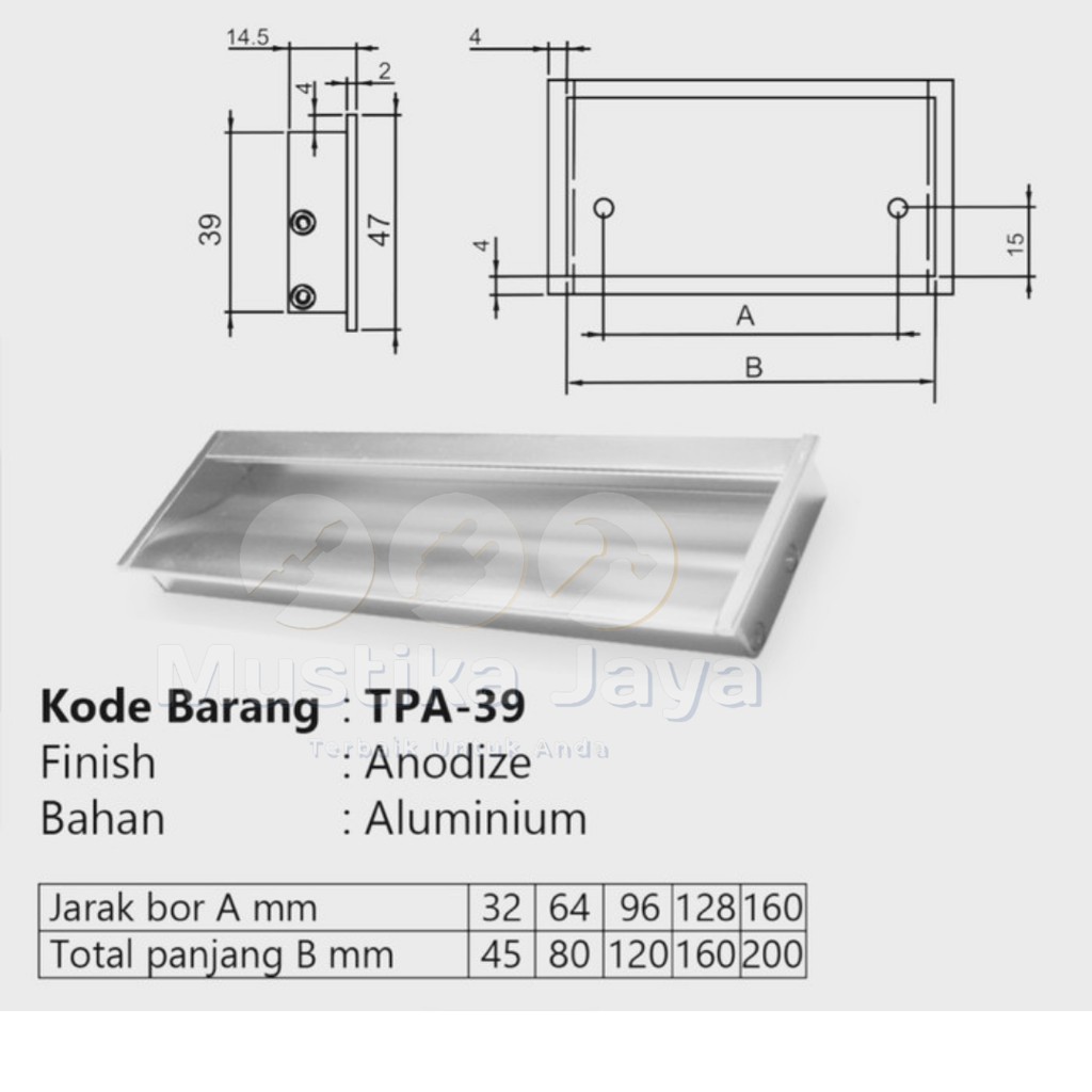 Handle Tarikan Lemari Laci Stainless Alumunium Huben TPA 39 Murah Kuat