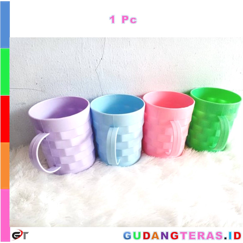 Gelas Cangkir Minum Plastik Diamond Unik Motif Tikar Gagang Handle