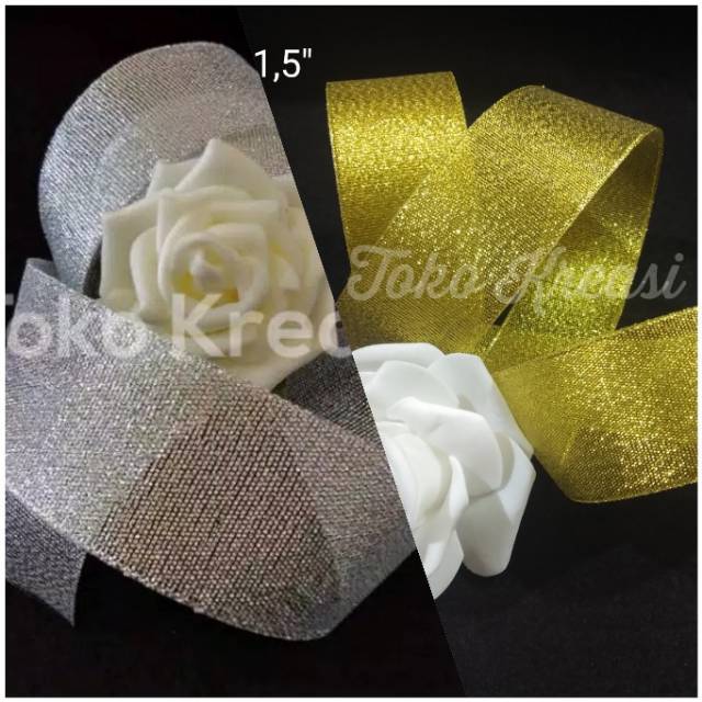 (Meteran) Pita glitter 1,5&quot; / 4cm warna silver / gold