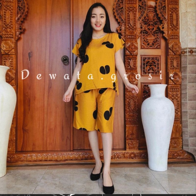BAJU WANITA PIYAMA BAJU TIDUR SETELAN ONE SET BABYDOLL RAYON SUPER KOPI BALI ROBUSTA TERLARIS-Kopi mustard pendek