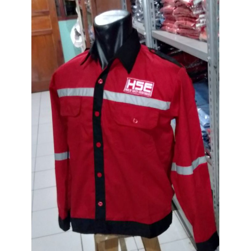 SERAGAM SAFETY HSE MERAH LIST HITAM FREE LOGO KANCING KAIN DRILL TEBAL HALUS ADEM