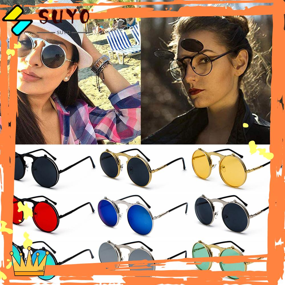 Suyo Kacamata Hitam Model Flip Up Frame Metal Gaya Vintage / Steampunk Dengan Pelindung UV Untuk Wanita