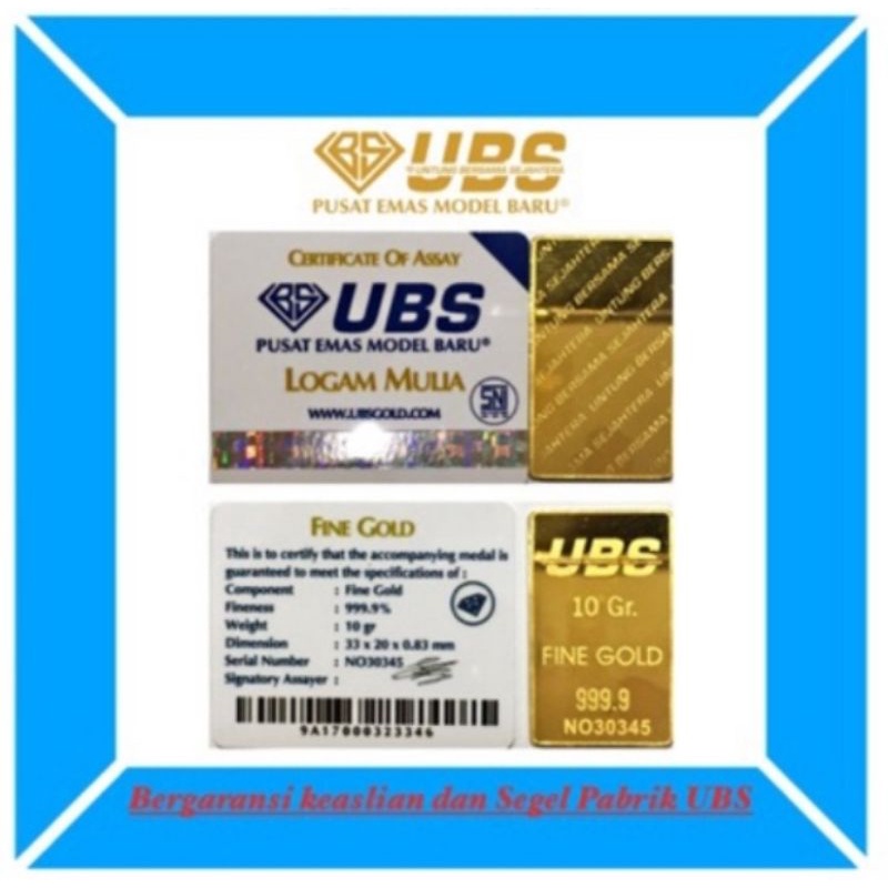 Emas Batangan Logam Mulia LM UBS 10 Gram / 10gram / 10 gr / 10gr - Sertifikat