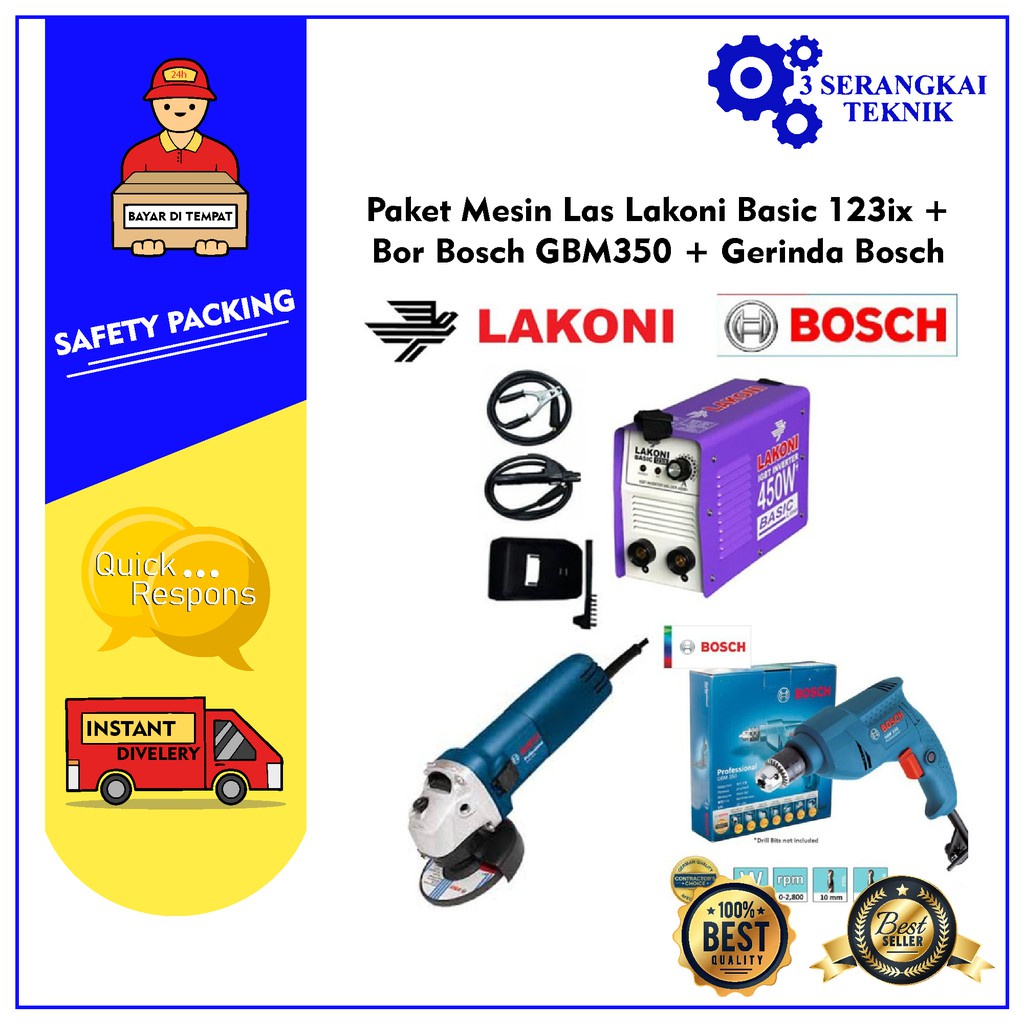 Paket Mesin Las Lakoni Basic 123ix + Bor Bosch GBM350 + Gerinda Bosch