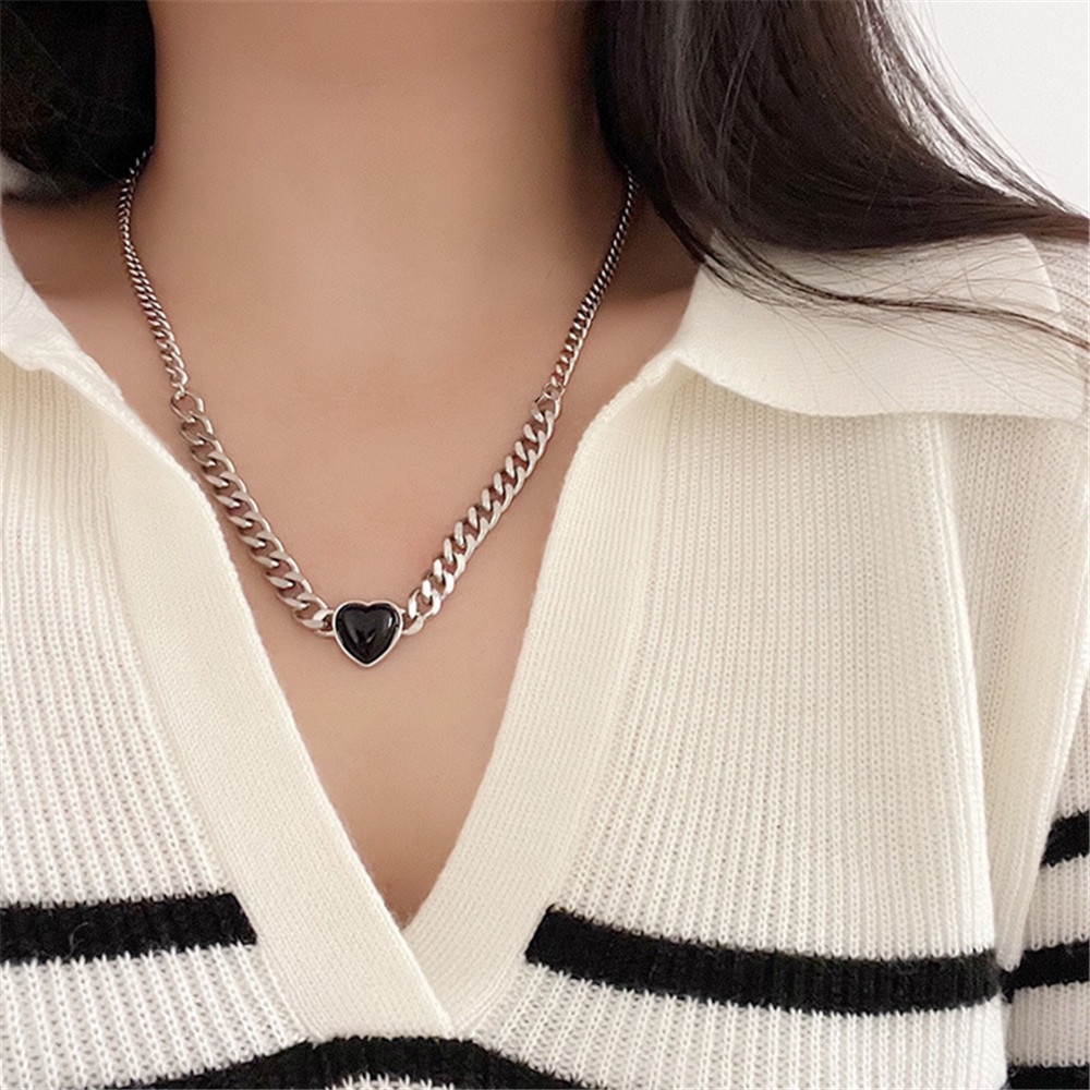 【COD Tangding】Black Heart Necklace Female Geometric Metal Clavicle Chain Neck Chain Personality Punk Accessories