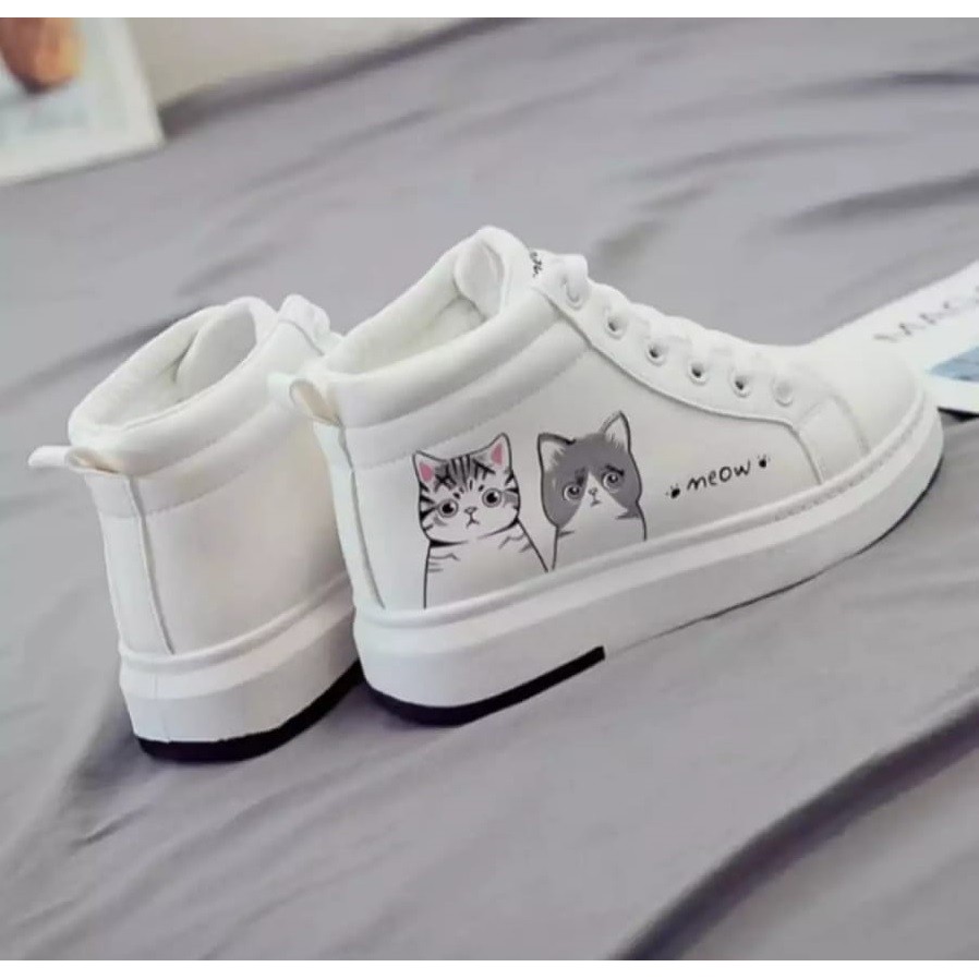 Sepatu Boot Lucu Anak Motif Meow Putih Abu Murah Trendi