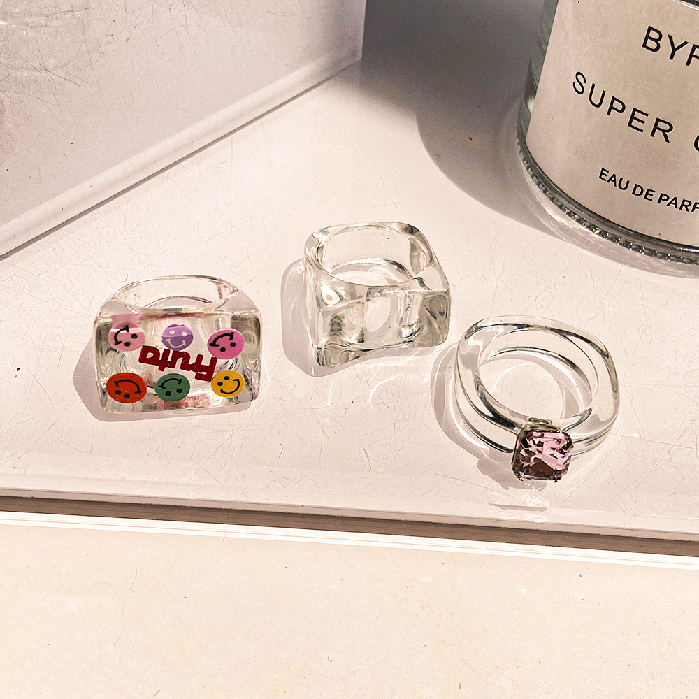 YEEZII Korean Ins Color Rhinestone Acrylic Resin Rings Transparent Crystal Ball Cartoon Smiley Face Square Ring Fashion Women Jewelry Gift