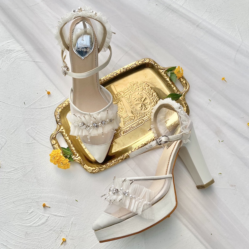 Ivory White Sandal Sepatu Wedding Wanita Tali Sepatu Block Heels 11cm AVEDA
