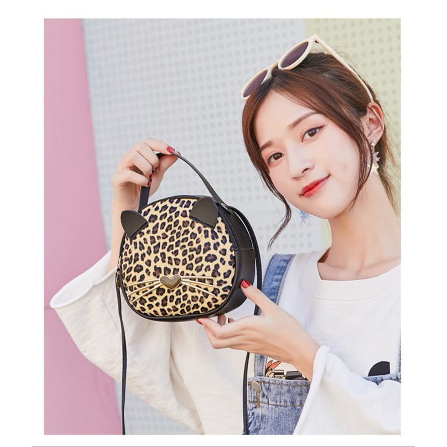 NEW Tas Selempang Kecil Wanita Bentuk Bulat Leopard And Cat Import Premium FLMV185