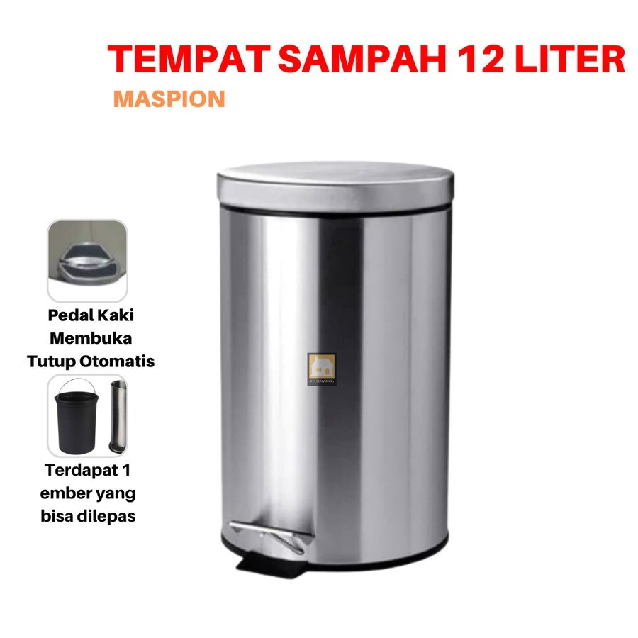 MASPION DUSTBIN 12L DUST BIN PEDAL STAINLESS STEEL TEMPAT SAMPAH KANTOR 12 L