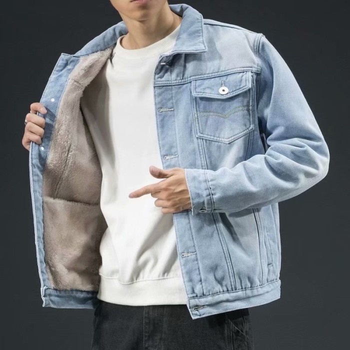 Jaket Jeans Pria Jaket Denim Pria Hangat untuk Musim Dingin