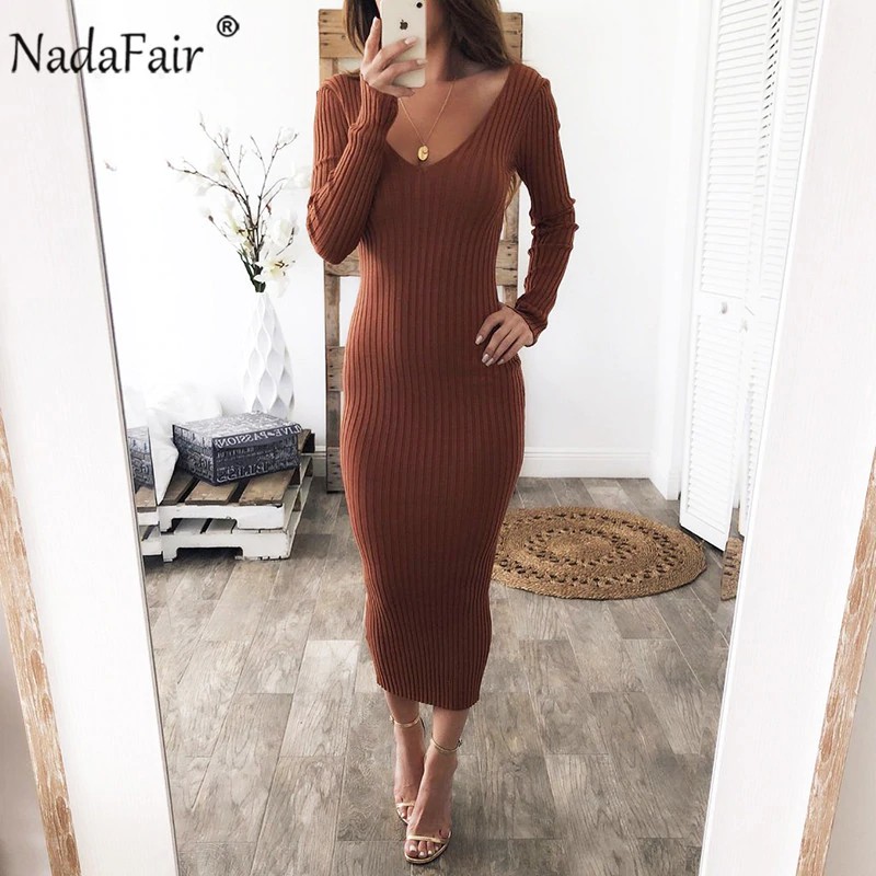 TERLARIS Nadafair Knitted Sweater Dress Women Stretchy Long Sleeve Midi Black White Red Bodycon