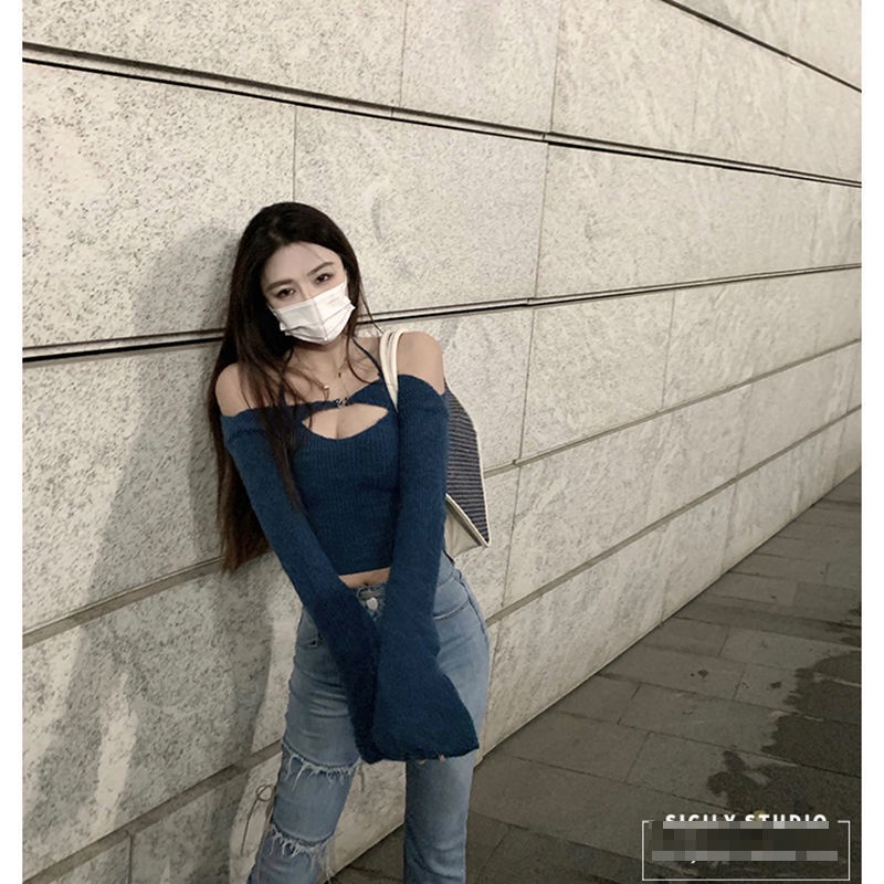 Song Zhiya gaya yang sama off-the-shoulder sweater halter suspender rajutan sweater wanita musim sem