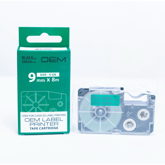 OEM TAPE EZ LABEL CASIO 9MM BLACK INK GREEN (OXR-9GN)