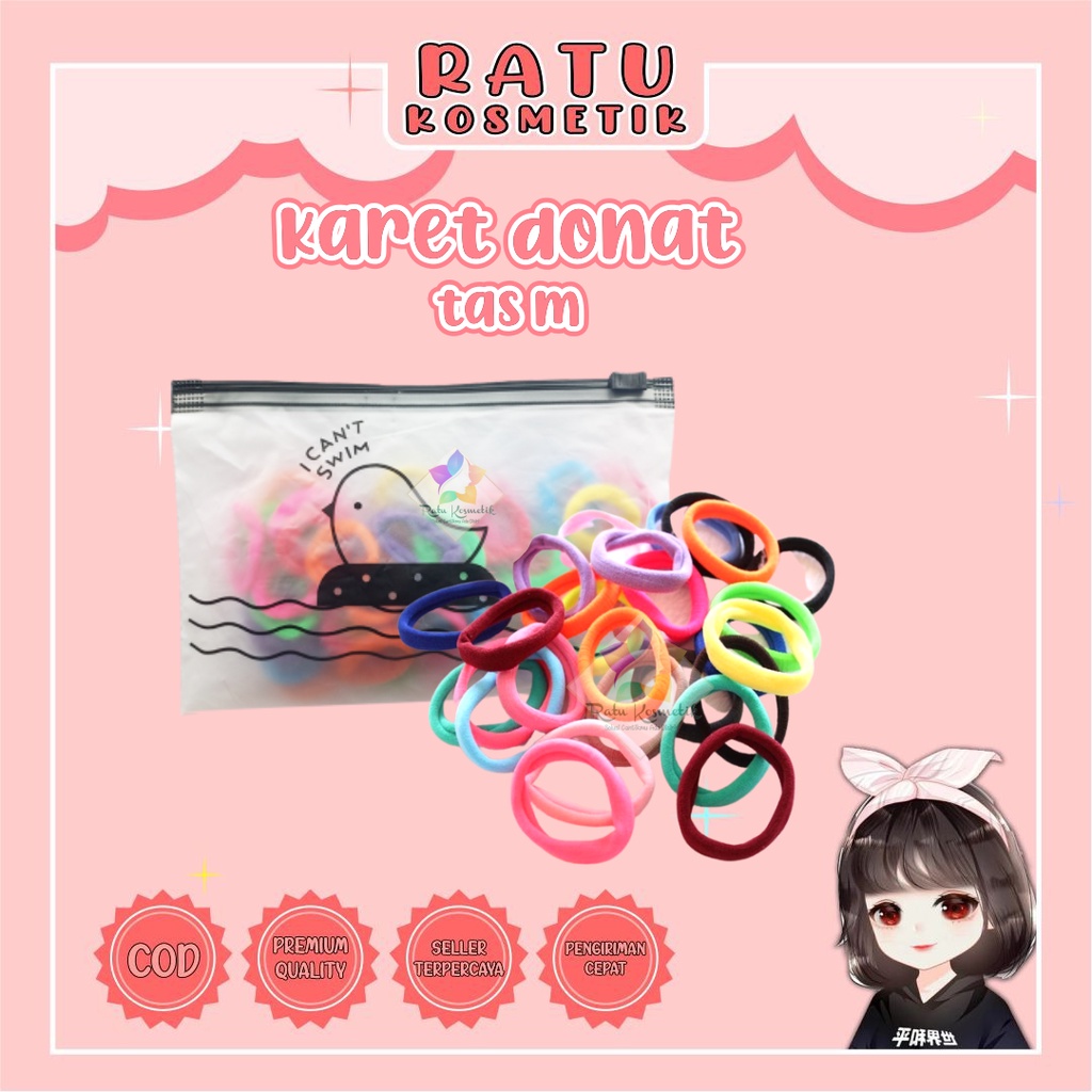 ❤ RATU ❤ Ikat Rambut Donat Karet Kecil Wanita Anak | Isi 50 Free Tas | Satuan Besar Jumbo Cepol