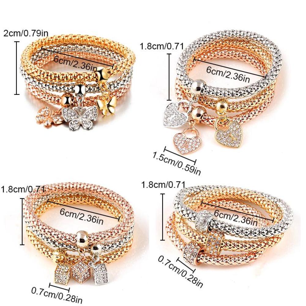 Timekey 3pcs / Set Gelang Tangan Elastis Banyak Lapis Aksen Kupu-Kupu / Kunci / Hati / Kunci / Kristal Untuk Wanita L2R9