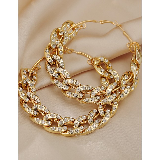 LRC Anting Tusuk Fashion Gold Color Thick Chain Diamond Hollow Geometric Alloy Earrings P09433