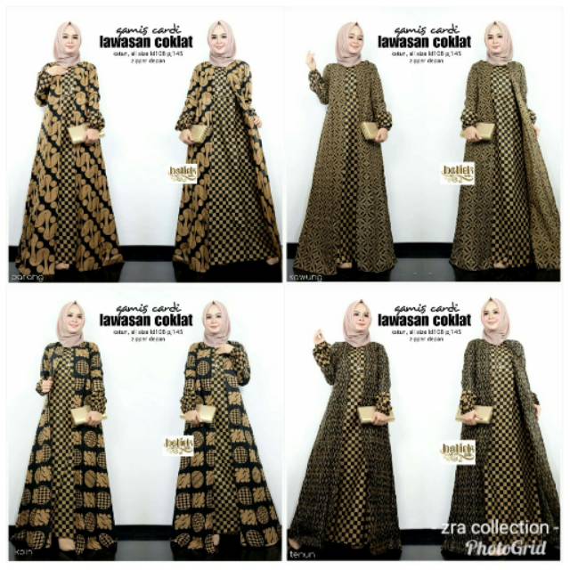 Gamis maxi cardi lawasan coklat allsize LD 108.resleting depan busui.tenun parang koin kawung