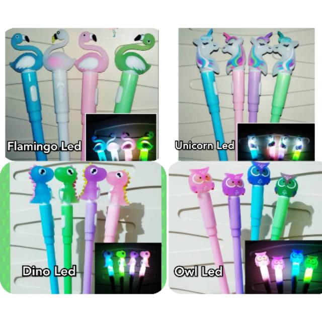 

Pulpen Pen Pena Bolpen Bolpoin Gel karakter Flamingo, Unicorn, Dino, Owl led lampu bagus lucu murah