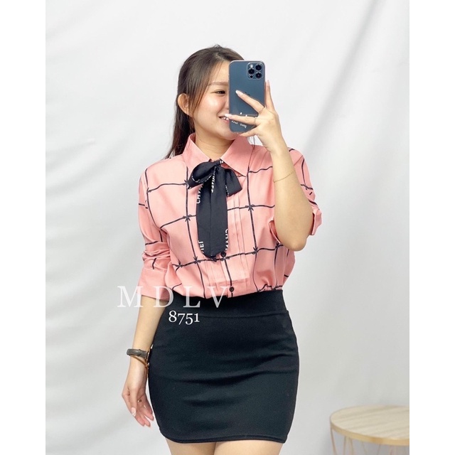 MDLV ~ 8751 CH Pink Tieneck Shirt Kemeja Twiscone Kemeja Motif Kotak Fashion Import